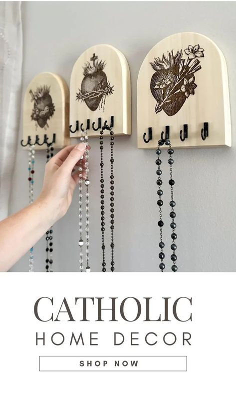 Family Rosary Hanger Holy Family Heart Rosary Holder Catholic Art Sacred Heart Rosary Hanger Wall Art Catholic Birthday Gift Rosary Pouch - Etsy Rosary Decor Wall Hangings, Rosary Display Ideas, Christian Store Ideas, Catholic Crafts For Adults, Rosary Decor, Home Altar Catholic Beautiful, Catholic Home Altar Ideas Living Rooms, Rosary Hanger, Rosary Art