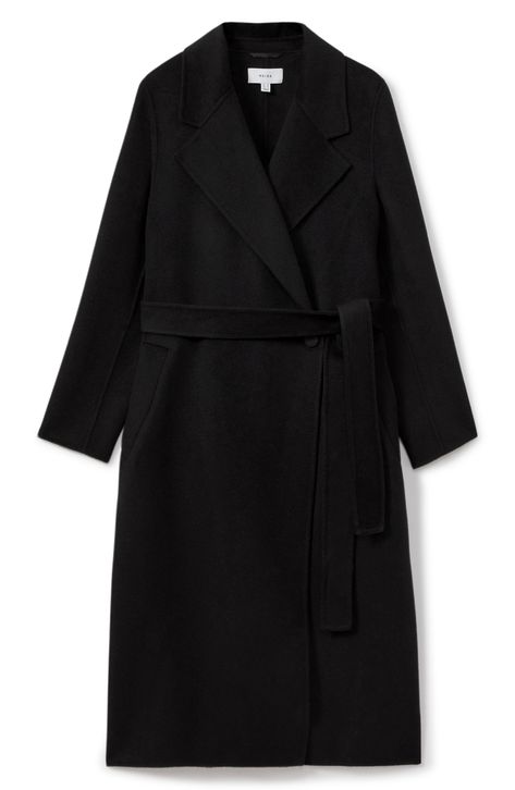 Sleek and sophisticated, this longline belted coat is made from a double-faced, splittable wool blend for a supremely soft interior that matches the exterior. Due to this unique dual construction, blind-seam coats remain warm and comfortable without needing a lining. 45" length (size 8) Front button closure Notched lapels Button-tab cuffs Side welt pockets Removable tie belt Back vent Unlined 82% wool, 18% polyester Dry clean Imported Black Coat Outfit, Galaxy Stuff, Long Black Coat, Winter Capsule, Longline Coat, Black Wool Coat, Clothing Pieces, Belted Coat, Wool Blend Coat