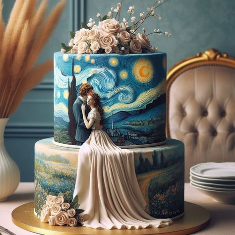 Van Gogh’s palette meets the wedding day.Which one steals your heart?💙 . . Allvangogh x ai. . #allvangogh #vangogh #vincentvangogh #vangoghinspires #vangoghpaints #vangoghmuseum #vangoghmuseum #vincent #vangoghexperience #vangoghart #wedding #weddingcake #weddingcakes Van Gogh Wedding Dress, Van Gogh Wedding Cake, Van Gogh Starry Night Wedding Theme, Van Gogh Themed Wedding, Art Themed Wedding, Van Gogh Wedding, Van Gogh Cake, Gogh Cake, Birth Cake