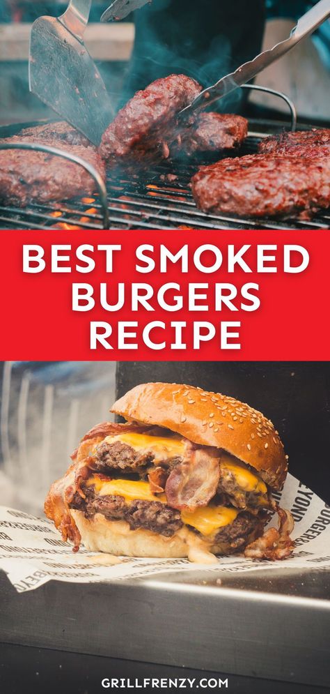 These smoked burgers have become my absolute new obsession on my Traeger pellet grill! Topped with gooey American cheese, burger sauce, and your favorite veggies, this is one of the best burgers you'll ever have and will become a go-to smoker recipe. | smoked beef burger | smoked burgers recipes beef | how to smoke beef burger | smoked cheese burger recipe | best smoked burger recipe | smoked burger recipes Best Smoked Burger Recipe, Burgers On Traeger Grill, Pellet Grill Hamburgers, Pit Boss Burgers, Smoked Burgers Traeger, Burgers On The Smoker, Smoked Hamburger Recipes, Burgers Recipes Beef, Smoked Burgers Recipes