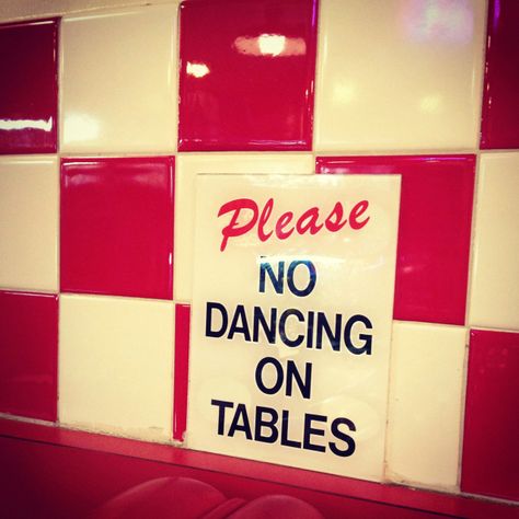 Retro diner signage <------ hahahaha!! ALWAYS ALWAYS ALWAYS dance on a table...it's good for the soul...haha Old Americana Aesthetic, Retro Widget, Red Lovecore, Christina Core, Americana Coquette, 50s Aesthetic, Americana Aesthetic, 50s Diner, Lizzy Grant