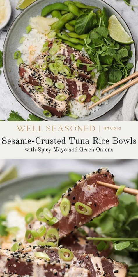 If you love to get tuna rolls when ordering sushi, you'll probably love these Sesame-Crusted Tuna Rice Bowls! Tuna steaks are brushed with sesame oil, coated in sesame seeds, then pan seared quickly, keeping the center rare. Pile high onto seasoned sushi rice and a drizzle of spicy mayo, then add your favorite toppings and garnishes! Gluten-free. #wellseasonedstudio #tuna #searedtuna #sesametuna #ricebowl Ahi Tuna Bowl Recipe, Tuna Steak Bowl, Tuna Sushi Bowl Recipe, Ahi Tuna Bowl, Tuna Rice Bowl, Tuna Sushi Bowl, Sesame Crusted Tuna, Tuna Bowl, Seared Ahi Tuna