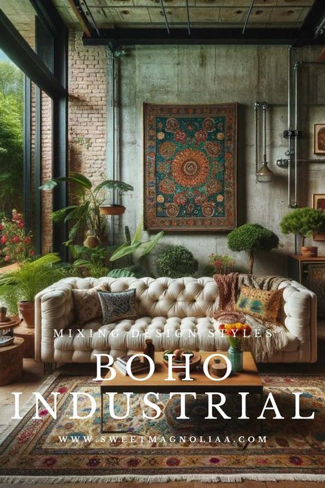 7 Unique Elements of Industrial Boho Decor - Sweet Magnoliaa Industrial Boho Design, Global Style Home Decor, Boho Glam Interior Design, Industrial Feminine Decor, Bohemian Condo, New Home Color Scheme, Industrial Glam Decor, Industrial Boho Decor, Boho Industrial Living Room