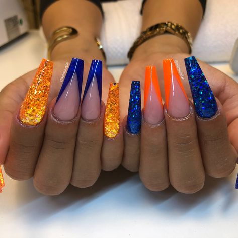 ”Neon Orange” and ”Royal Blue” with matchning glitter👌🏼 #lillynails Nails Orange And Blue, Neon Glitter Nails, 15 Nails, College Nails, Neon Orange Nails, Orange Acrylic Nails, Nails Orange, Opal Nails, Orange Nail Designs