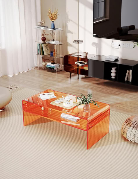 Coffee Table Colorful, 70s Funky Interior Design, Plastic Coffee Table, Colored Glass Coffee Table, Statement Coffee Table, Plexiglass Coffee Table, Retro Coffee Table, Orange Coffee Table, Orange Couch Living Room