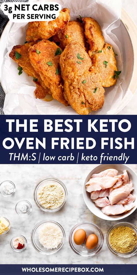 Low Carb Oven Fried Fish is a delicious way to serve up breaded fish – without all of the carbs! The breading is easy to make and turns into a golden crispy coating, perfect to dip into mayo! This recipe is Trim Healthy Mama (THM S), low carb and keto friendly. | #keto #ketodinner #ketorecipe #lowcarb #lowcarbdinner #lowcarbrecipe #fishrecipe #easydinner #healthyfood #healthydinner #healthyrecipe Baked Catfish Recipes, Breaded Fish Recipe, Fried Catfish Recipes, Fried Fish Recipe, Breaded Fish, Oven Fried Fish, Flounder Recipes, Haddock Recipes, Pollock Fish Recipes