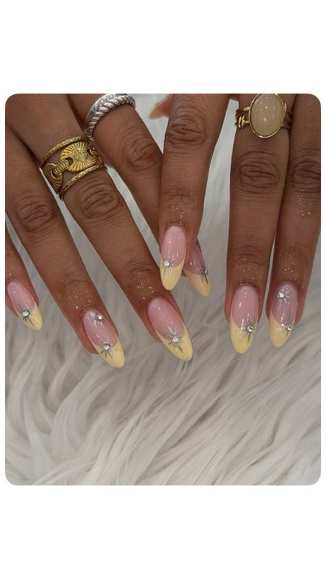 Stones On Nails, Yellow French Tips, Yellow French, French Tips, Nail Designs, Nails, Stone, Yellow