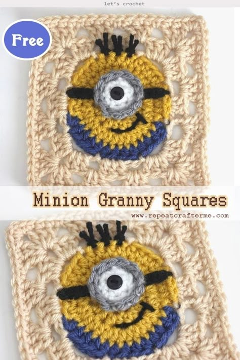 Crochet Minion Granny Squares Free Pattern Minion Granny Square, Crochet Fun Granny Square, Different Size Granny Square Blanket, Crochet Minion Free Pattern, Fun Crochet Squares, Fun Granny Squares Crochet Free Pattern, Crochet Disney Granny Squares, Fun Granny Square Crochet Pattern, Crochet Granny Square Unique