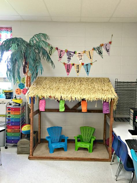 One of my favorite places in my classroom. Caribbean Classroom Theme, Tropical Reading Corner Classroom, Island Themed Classroom, Island Classroom Theme, Hawaii Theme Classroom, Beach Theme Classroom Decorations, Ocean Reading Corner, Ocean Theme Preschool Classroom, Beach Classroom Theme