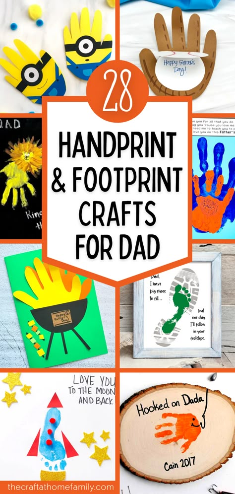 Collage of Father's Day handprint and footprint crafts, with the words "28 Handprint & Footprint Crafts for Dad" Father’s Day Crafts For Preschool Kids, Dad Birthday Crafts Toddler, Dads Day Crafts Preschool, Father’s Day Cards Handprints, Easy Toddler Fathers Day Crafts, Father’s Day Crafts For Toddlers Easy, Fathers Crafts For Toddlers, Father’s Day Card Ideas For Kids, Father’s Day Card With Handprint