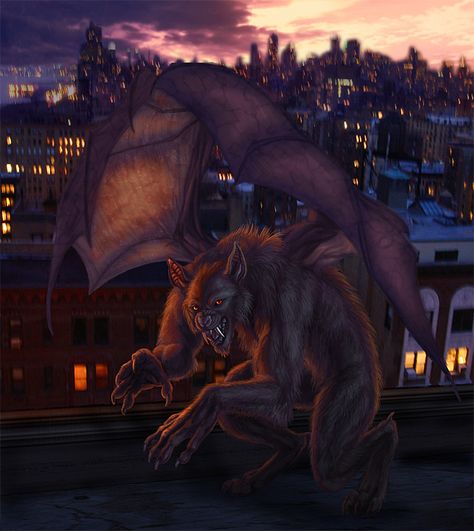 Torn between placing this in either Werewolves or Bats, but seeing as he is a were-creature, I'll stick him here. There is so much I could say about this painting. I'm stunned. Vampire Werewolf Hybrid Art, Werewolf Hybrid, Vampire Hybrid, Ghostbusters Cartoon, Bat Creature, Vampire Masquerade, Wolf Hybrid, Hybrid Art, Pinscher Dog