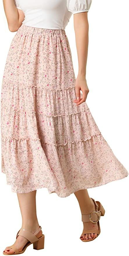 Floral Long Skirt Outfit, Pink Top Outfit, Boho Midi Skirt, Long Chiffon Skirt, Long Floral Skirt, Floral Skirts, Ruffle Maxi Skirt, Long Skirt Outfits, Christian Fashion