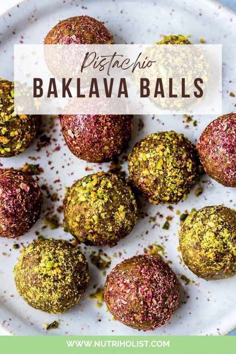 These Pistachio Baklava Balls are made with wholesome ingredients like pistachios, rolled oats, and raw honey, and are packed with flavor and nutrition. They’re also gluten-free, dairy-free, and refined sugar-free and can be made in less than 15 minutes! Fusion Sweets, Diwali Mithai, Diwali Sweets Recipe, Pistachio Baklava, Baklava Recipe, Diwali Sweets, Yummy Healthy Snacks, Homemade Sweets, Sweet Dishes Recipes