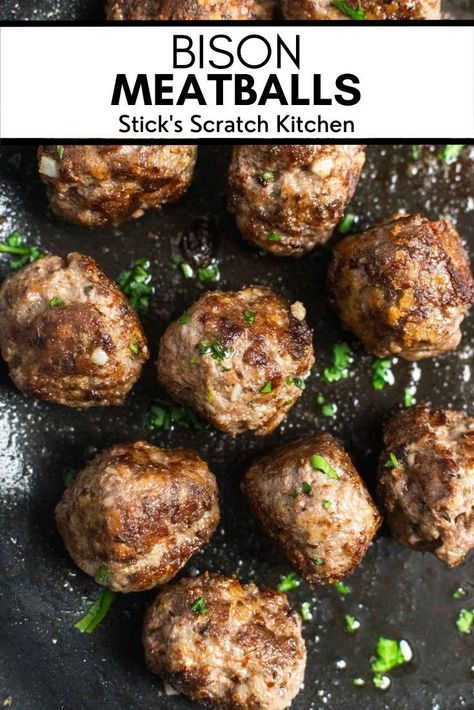 Pan seared bison meatballs are a lean, hearty, and flavorful alternative to traditional beef meatballs. These meatballs require a handful of simple ingredients, like ground bison, egg, garlic, Parmesan cheese, almond meal and Italian herbs, and come together in just 25 minutes from start to finish! Enjoy them as an easy appetizer or load them on with a fresh bowl of pasta marinara. #bisonmeatballs #meatballs #meatballrecipe #bisonrecipe #easydinner #meatballappetizer #appetizer #weeknightdinner Bison Meatballs, Bison Recipes, Ground Bison, Bison Meat, Pasta Marinara, Healthy Beef Recipes, Meatball Recipes Easy, Appetizer Meatballs, Italian Herbs