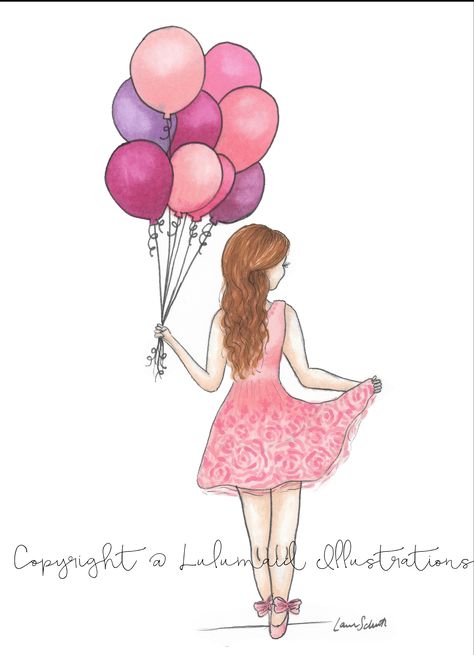 Birthday girl wearing pink dress and holding pink balloons. Hand drawn fashion illustration perfect for framing or giving as a card! Shop the fashion illustration "Pink Birthday" print from Lulumaid Illustration and more at www.etsy.com/shop/lulumaidillustration Holding Balloons Drawing, Balloons Drawing, Girl Holding Balloons, House Doodle, Celebrating Birthday, Holding Balloons, Paper Doll Printable Templates, Illustration Kunst, Its A Girl Balloons