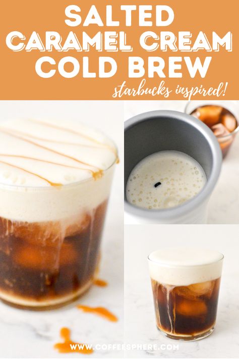 Salted Caramel Cream Cold Brew (Starbucks Inspired!) - CoffeeSphere Salted Caramel Cream Cold Brew, Caramel Cream Cold Brew, Milk Frother Recipes, Frothed Milk Recipes, Frother Recipes, Ninja Coffee Bar Recipes, Cream Cold Brew, Cold Brew Coffee Recipe, Cold Brew Recipe