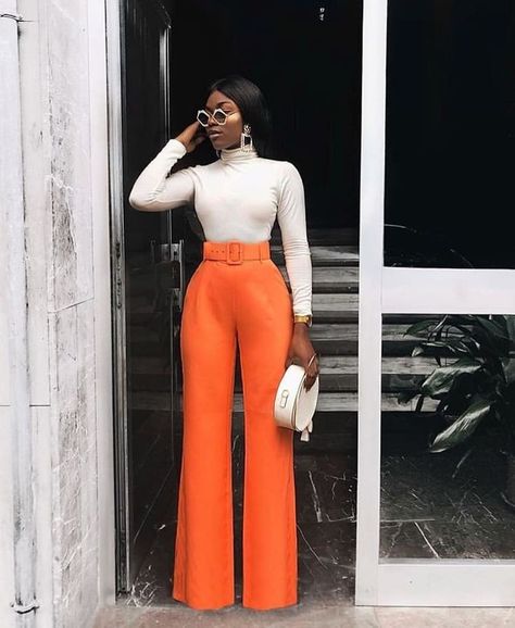 Orange Trousers Outfit, King Outfits, Orange Trousers, Belted Trousers, 90s Trends, Trouser Outfit, Naija Fashion, Orange Outfit, Beautiful Dresses Short