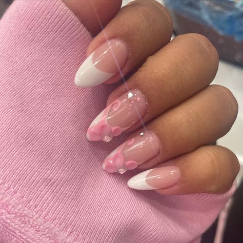 Spring Nail Sets Almond, Nail Inspo Baby Pink, Nail Inspo Almond Pink, Alomd Nails Cute, Cute Almond Nails Design Simple, Y2k Almond Nails, Almond Valentines Nails, Extra Short Almond Nails, Almond Nails Aesthetic