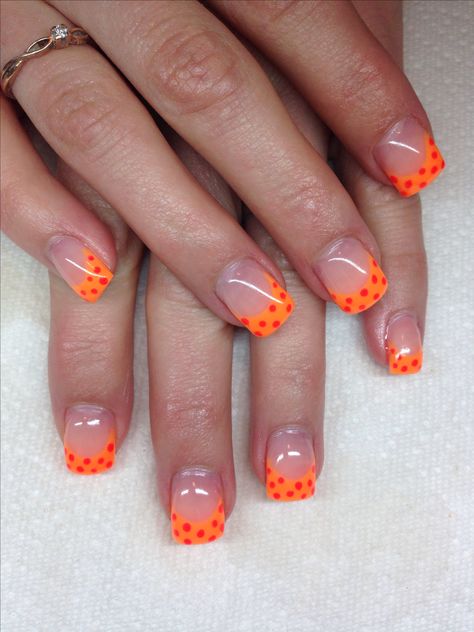 Gel nails with hand drawn design using gel By Melissa Fox Orange Polka Dot Nails, Nails Gel French, Frenchie Nails, Toes Nails Ideas, Most Popular Nail Designs, Hand Drawn Nail Art, Drawn Nail Art, Finger Nail Ideas, Nails With Tips