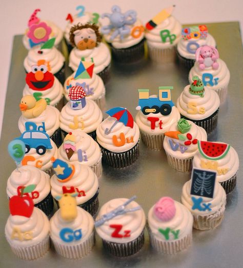 Alphabet Cupcakes for  a boy turning 3 who loves his name and the alphabet Alphabet Cupcakes, Cupcakes For Kids Birthday, Alphabet Birthday Parties, Abc Birthday Parties, Cupcakes For Kids, Kids Birthday Food, Alphabet Party, Alphabet Birthday, Alphabet Cake