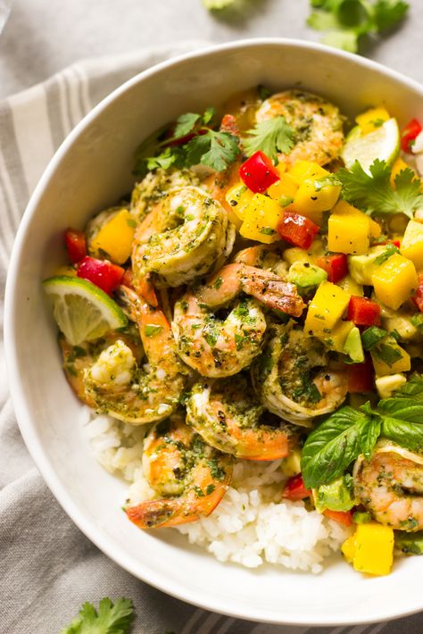 Cilantro Basil Shrimp with Mango Salsa - simple yet healthy cilantro basil shrimp served with sweet and spicy mango avocado salsa | littlebroken.com @littlebroken Shrimp And Mango Salsa Recipes, Sauteed Shrimp With Mango Salsa, Sautéed Shrimp With Mango Salsa, Shrimp And Mango Recipes, Mango Salsa Shrimp, Basil Recipes Vegan, Coconut Rice And Mango, Shrimp With Mango Salsa, Mango Dishes