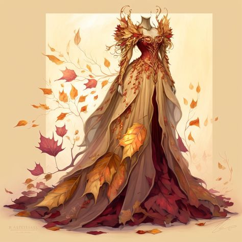 Dress Fantasy Art, Fall Goddess, Ball Aesthetic, Fantasy Dresses, Dress Drawing, Autumn Dress, Fantasy Dress, Character Outfits, Image Types