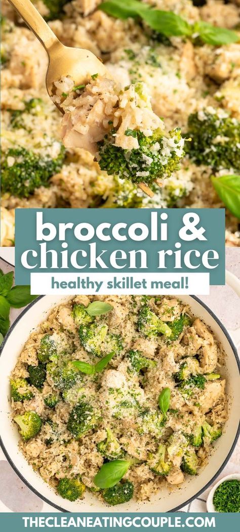 Healthy Broccoli & Chicken Rice (Healthy Skillet Meal!) is an easy, one pot skillet meal you'll love! Done in under 45 minutes, this is perfect for a quick dinner! Dairy Free Chicken And Broccoli Recipes, Broccoli And Rice Recipes Healthy, Weeknight Skillet Dinners, Chicken Rice Skillet One Pot, One Dish Healthy Meals, Cheap Easy Dinners Healthy, Easy Healthy Dinner Gluten Free, Broccoli Skillet Recipes, Ground Chicken Rice Recipes