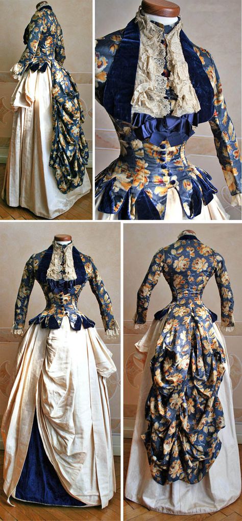 Two-piece dress (skirt and bodice), 1886. Silk crêpe de chine bodice with blue velvet trim. Skirt in ivory silk with blue velvet inlay. Abiti Antichi Gaun Abad Pertengahan, Historical Gowns, جوني ديب, 1880s Fashion, 1800s Fashion, Bustle Dress, Victorian Costume, 19th Century Fashion, Old Dresses