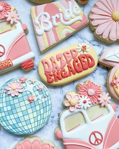 Groovy Bachelorette Cookies, Dazed And Engaged Bachelorette Cookies, Dazed And Engaged Cookies, Groovy Sugar Cookies, Engaged Cookies, Retro Cookies, Bachelorette Party Cookies, Wedding Sugar Cookies, Bride Cookies