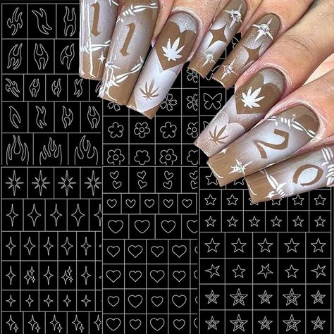 6 Sheets Heart Star Flowers Butterfly Flame Nail Art Stickers, Airbrush Nail Stencils Stickers for Nail Art French Design Hollow Nail Guides Decals Supplies for Women Manicure Decoration DIY Tools - Nail Art Templates Airbrush Nail, Nail Art Templates, Flame Nail Art, Nail Art French, Stencil Stickers, Nail Stencils, Airbrush Nails, Flowers Butterfly, Stickers Art