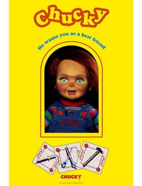 Chucky TV Series Good Guys Doll Poster Chucky Tv Series, Child's Play Movie, Good Guy Doll, Bedroom Book, Childs Play Chucky, Haunted House Props, Beach Bath, Cool Box, Halloween Haunted Houses