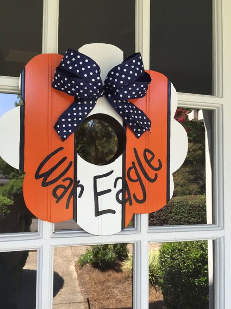 Auburn wreath War Eagle Wreath Orange and by WoodenWreathsandMore Auburn Wreath, Eagle Wreath, Blue College, Football Wreath, Hand Painted Beads, Bead Board, Play Ball, School Colors, Outdoor Indoor