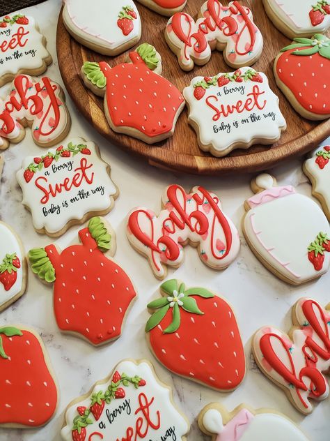 Strawberry Baby Shower Cookies - Etsy Strawberry Themed Baby Shower Cookies, Baby Shower Ideas Strawberry Shortcake, Berry Cute Baby Shower Ideas, Strawberry Shortcake Sugar Cookies, Berry Sweet Baby Shower Cookies, Girl Baby Shower Ideas Strawberry, Fruit Theme Baby Shower Ideas, Baby Shower Strawberry Shortcake, Baby Shower Themes Strawberry