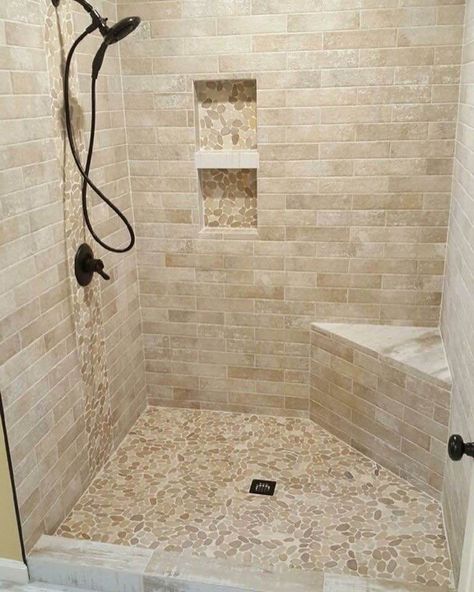 Tan Subway Tile Shower Ideas, Beige Tile Shower Ideas Walk In, Bathroom Remodel Travertine Tile, Master Shower Tile Beige, Beige Subway Tile Shower Ideas, Earth Tone Bathroom Ideas Shower Tiles, Light Brown Shower Tile, Natural Stone Shower Wall, Sand Color Tile Bathroom