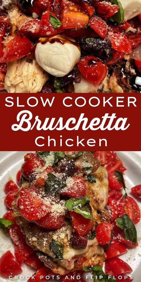 Dinner can be a real challenge, and aiming for semi-healthy options adds another layer of difficulty. Simplify things with this slow cooker bruschetta chicken recipe from Crock Pots And Flip Flops. Just toss chicken into the crockpot with tomatoes, garlic, salt, and pepper, and let it slow cook all day. Once the chicken is done, simply top it with fresh tomatoes, basil, and mozzarella cheese for an easy and wholesome meal. Chicken In The Crockpot, Chicken Bruschetta Recipe, Crockpot Dinner Recipes, Pot Recipes Healthy, Best Crockpot Recipes, Chicken Slow Cooker, Easy Crockpot Dinners, Crock Pot Ideas, Best Crockpot