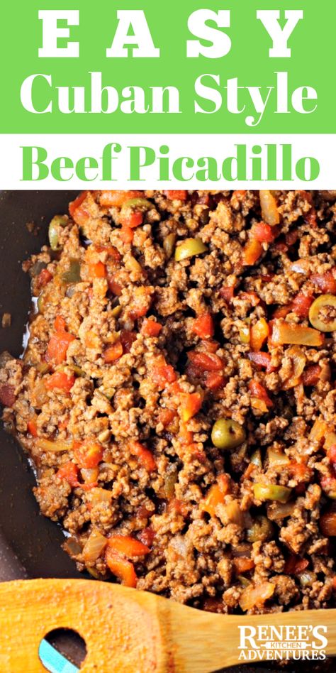 Easy Cuban Style Beef Picadillo Recipe by Renee's Kitchen Adventures  - Easy and healthy ground beef recipe full of flavor! Made in one skillet for an easy weeknight dinner idea. Serve with brown rice for a complete meal. #picadillo #cubanfood #cubanstylepicadillo #recipeswithgroundbeef Beef Picadillo, Picadillo Recipe, Ground Beef Recipe, Cuban Dishes, Healthy Ground Beef, Healthy Beef Recipes, Ground Beef Recipes Healthy, Cuban Style, One Skillet