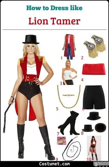 Lion Tamer Costume for Cosplay & Halloween 2023 Circus Women Costume, Animal Tamer Costume, Ringmaster Couple Costume, Lion Tamer Makeup, Diy Ring Master Costume Women, Diy Lion Tamer Costume Women, Diy Lion Tamer Costume, Ringmaster Costume Diy, Diy Ringmaster Costume Women