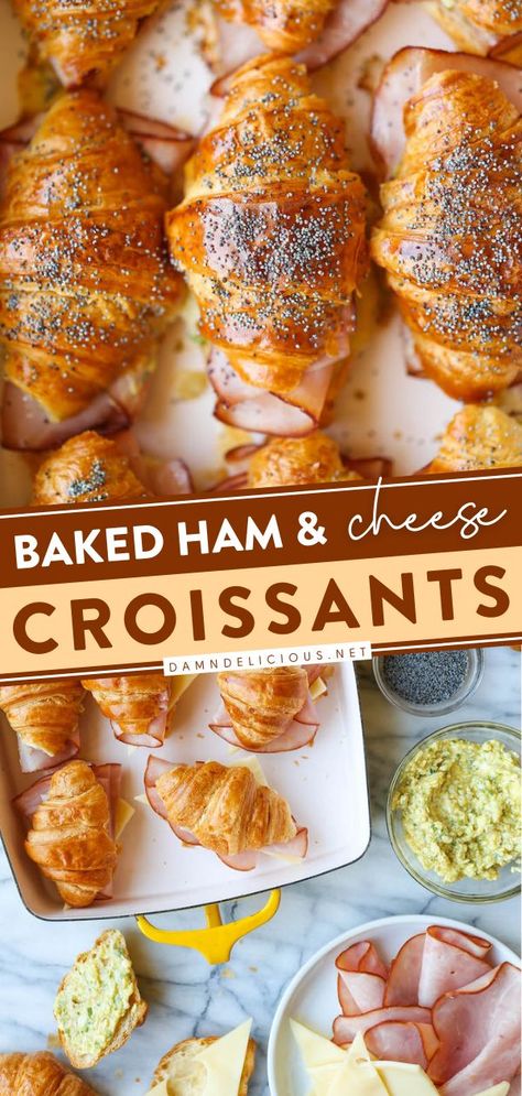 BAKED HAM AND CHEESE CROISSANTS, game day food, football appetizers Mini Croissant Sandwiches, Ham And Cheese Croissants, Croissant Sandwiches, Ham And Cheese Croissant, Mini Croissant, Croissant Sandwich, Appetizer Sandwiches, Breakfast For A Crowd, Party Sandwiches