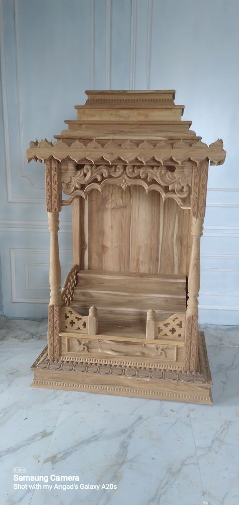 Sagvan mandir Shrine Ideas, Wooden Mandir, Wooden Temple For Home, Tea Table Design, Fine Furniture Design, Wooden Temple, Single Door Design, Wood Furniture Plans, Wood Bed Design