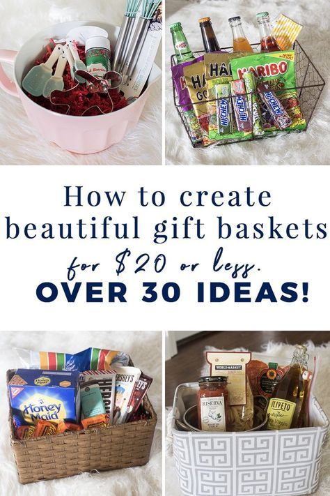 How to create beautiful and unique gift baskets for only $20 or less. Over 30 gift basket ideas. Creative Gift Basket Ideas, Family Gift Baskets, Creative Gift Baskets, Homemade Gift Baskets, Gifts Baskets, Christmas Gift Baskets Diy, Unique Gift Baskets, Auction Baskets, Raffle Basket