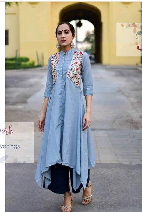 Jacket style asymetric cotton Kurti with fine detailing. 50 Blouse Designs, Kurtis Design, Ikat Dress, Simple Gowns, Designer Kurti Patterns, Long Kurti Designs, Kurti Designs Party Wear, Casual Day Dresses, Cotton Kurti