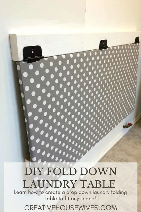 Create our fold down laundry table to add folding space without taking up a ton of space. Perfect for small laundry spaces. #diy #creativehousewives #chw #laundry #laundryroom #laundrydiy Folding Table Diy Laundry, Laundry Folding Station In Bedroom, Folding Table Small Laundry Room, Diy Fold Down Table Small Spaces, Small Laundry Room With Folding Area, Diy Fold Down Laundry Table, Folding Laundry Shelf, Small Laundry Folding Table, Laundry Folding Station Small Space