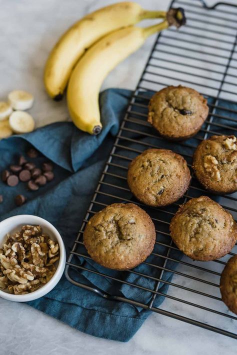 Banana Walnut Chocolate Chip Muffins Banana Muffins Photography, Baking Flatlay, Chocolate Chips Recipe, Classic Chocolate Cake, Baking Photography, Atlanta Food, Chocolate Chip Bread, Banana Nut Muffins, Chocolate Cake Recipes