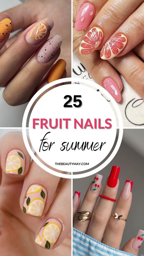 Get fruity with your summer manicure! From juicy strawberries and cherries to refreshing lemons and oranges, these fruit nails are the perfect way to add a playful touch to your summer style. Fruit Nail Designs, Fruit Nails, Summer Nails Almond, Lemon Nails, Cute Summer Nail Designs, Fruit Nail Art, Watermelon Nails, Plain Nails, May Nails