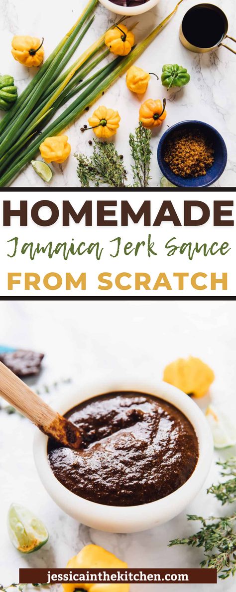 Homemade Jamaica Jerk Sauce From Scratch. Okay friends. I have heard you! While I already have a few Caribbean recipes up here, here, there and here, I know you’re ready for more. I always thought you guys were covered, I mean, there are so many Caribbean and more specifically, Jamaican recipes out there! However, one night Gav and I took a deep dive and realised that there weren’t actually a lot of Jamaican recipes, by *actual* Jamaicans. SO, I’ve got you friends!! Jerk Sauce Recipe Easy, Jamaican Jerk Sauce, Jerk Recipe, Jessica In The Kitchen, Homemade Barbecue Sauce Recipe, Jerk Sauce, Vegan Sauce Recipes, Jerk Marinade, Jamaican Jerk Seasoning