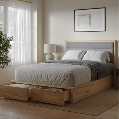 The Adams queen storage bed is a modern solution to any bedroom need. Crafted from solid wood, this bedframe requires no box spring and includes full bed slats for the ultimate support. Queen Bed With Shelves, Master Platform Bed, Cheap Beds With Storage, Modern Solid Wood Bed, Full Bedrooms Ideas, Bed With Front Storage, Solid Wood Storage Bed, Bed Frame With Nightstand Attached, Bedroom With Storage Bed