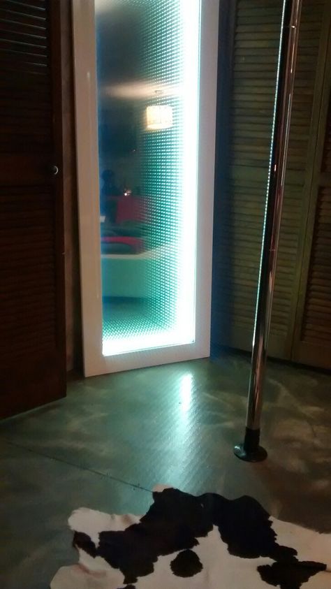 Got me a stripper pole and mirror that lights up in a room at my home Hanging With Friends, Empty Room, Office Ideas, Bedroom Office, My Home, Light Up, Blinds, Curtains, Mirror