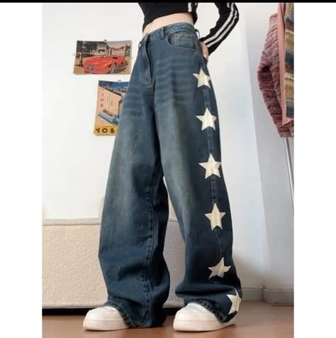 Korean Outfits Jeans, Pants Painting Ideas, Star Print Pants, Diy Pants, Star Pants, Upcycle Clothes Diy, Star Clothing, Downtown Outfits, Custom Jeans