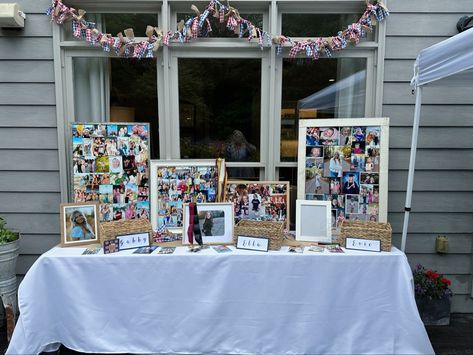 Picture Table Graduation Party, Grad Party Awards Display, Senior Picture Wall Display Ideas, Graduation Party Photo Display Ideas, Grad Party Photo Wall, Grad Party Photo Display, Grad Party Table Display, Graduation Photo Displays, Picture Display Wall