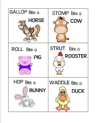 These are just so cute. I could use them for a charades game or I may have to print these on cardstock and turn them into homemade memory cards! Barnyard Dance, Movement Cards, Farm Lessons, Farm Theme Preschool, Farm Unit, Farm Animals Theme, Farm Preschool, Farm School, Farm Activities